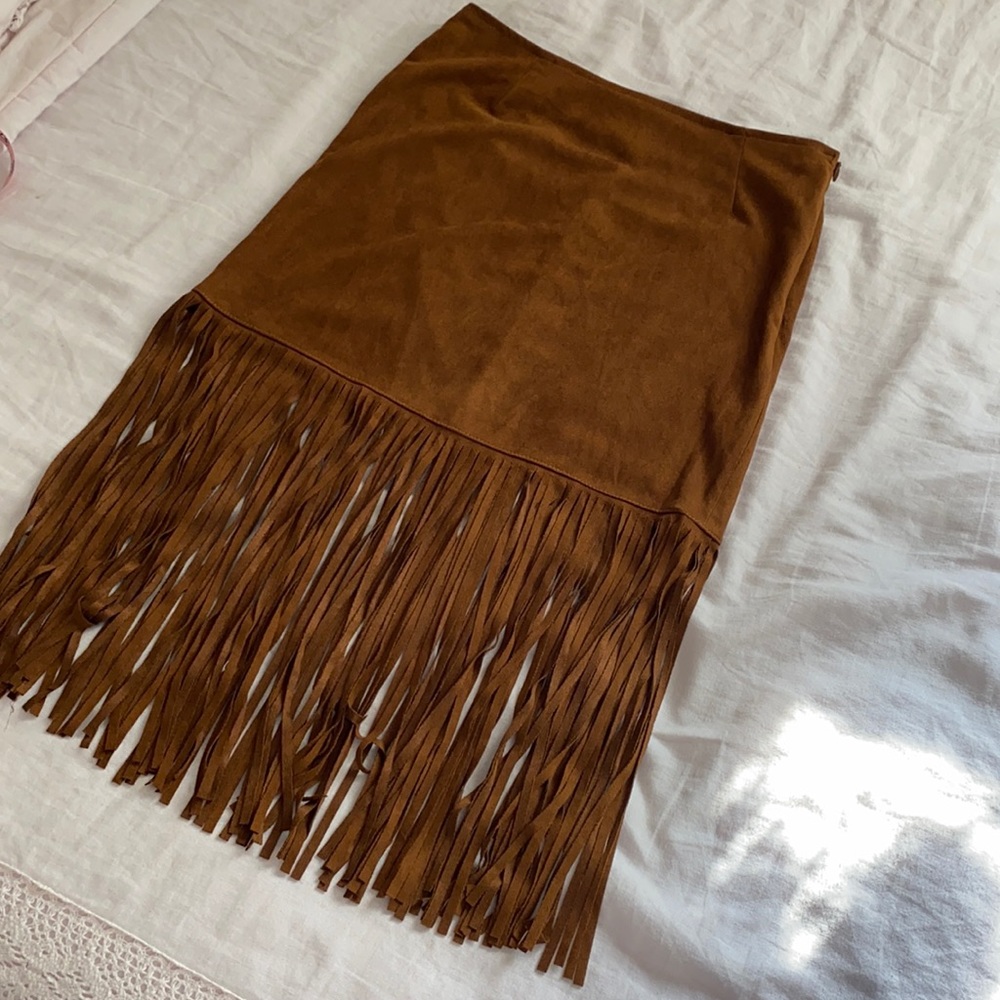 High waist frill suede camel skirt
